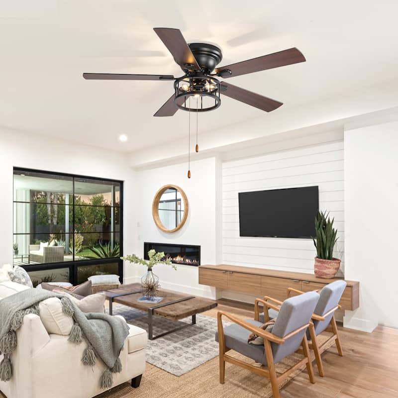 52-in Black Flush Mount Industrial Indoor Ceiling Fan with Pull Chain (5-Blade) - Black
