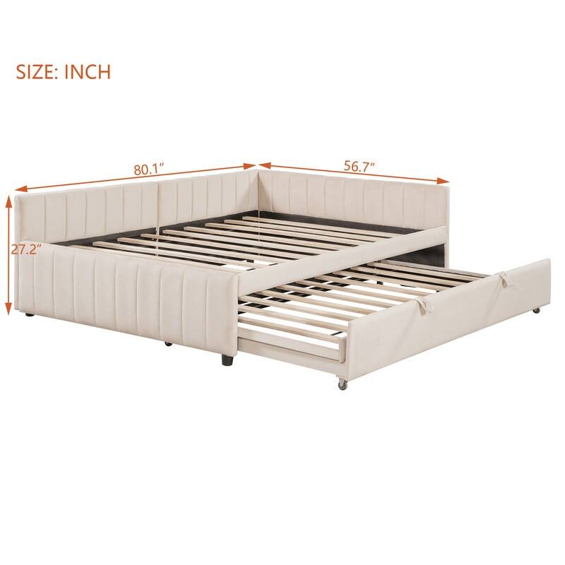 Upholstered Daybed with Twin Size Pop Up Trundle, Full Size Daybed Frame Sofa Bed with L-Shaped Backrest and Striped Design