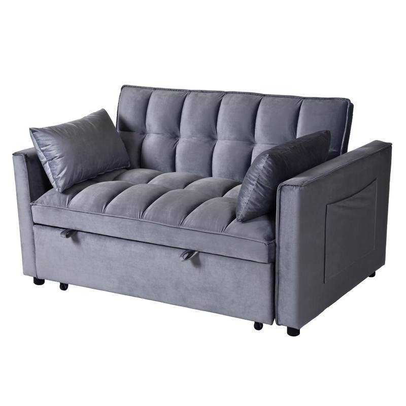 Grey 3-in-1 Velvet Convertible Sofa Bed, Pullout Couch with Side Pockets, Made in Vietnam