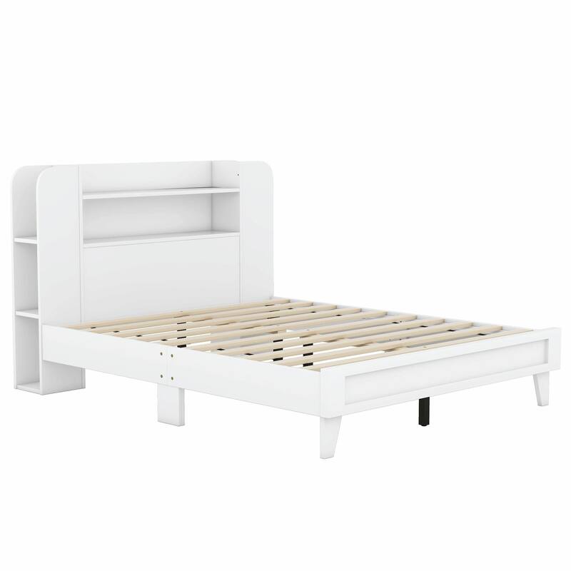 Platform Bed with Storage Headboard, Multiple Shelves on Both Sides