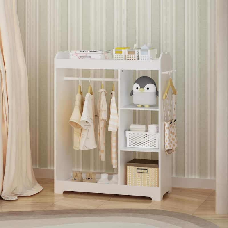 Anmytek Kids Wardrobe Organizer with Mirror and Shelves Hooks Toddler Clothes Toy Storage