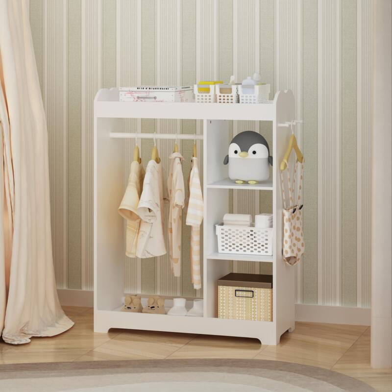Kids Dress Up Storage with Mirror and Hooks, Wooden Clothes Rack with Hanging Rod, 3 Side Hooks, Storage Shelves and Top Shelf