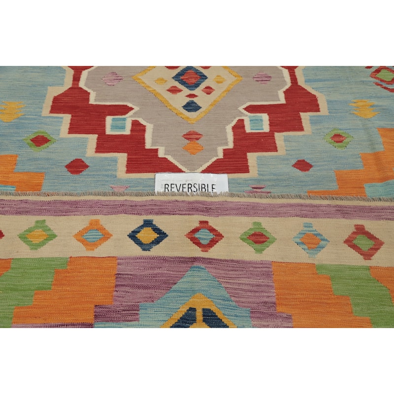 Hand Woven Oriental 100% Wool Carpet Southwestern Tribal Navy Blue & Blues Kilim Area Rug - 11' 11'' X 8' 7''