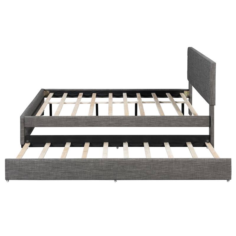 Queen Size Upholstered Platform Bed with Brick Pattern Headboard and Twin XL Size Trundle, Linen Fabric, Gray