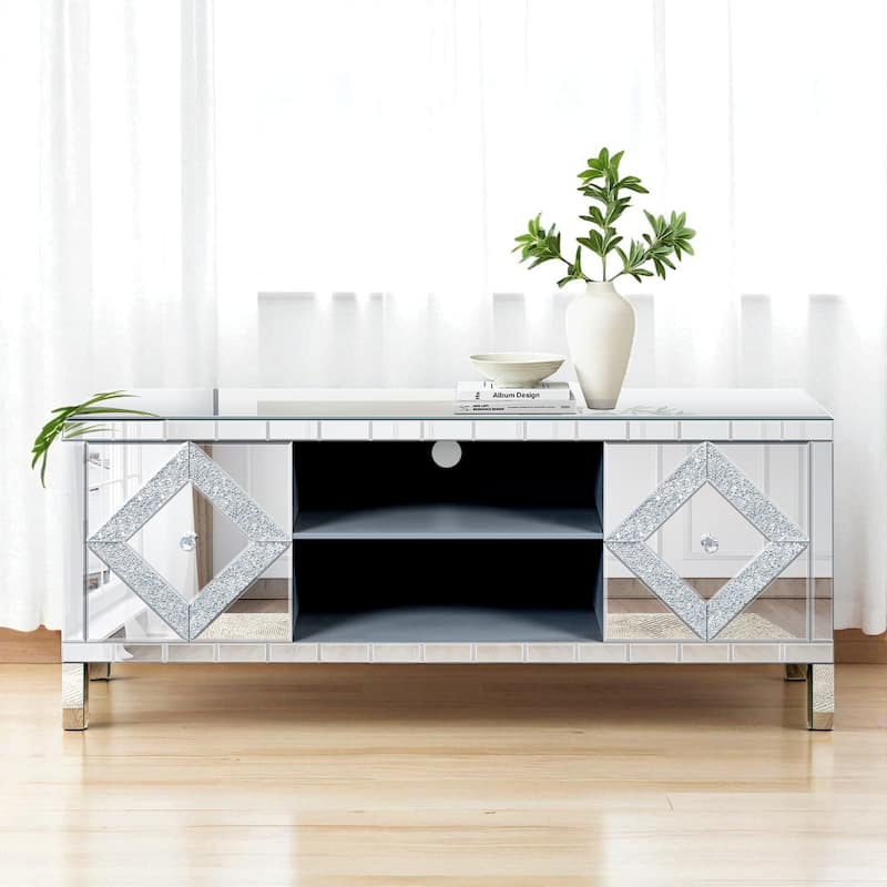 Mirrored TV Stand for 65+ Inch TVs, Silver Console Table with Diamond Crushed Mirror Doors & Storage Cabinets