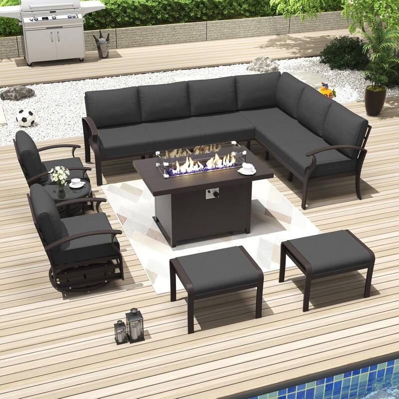Kullavik Aluminum Corner Sofa Set, Patio Outdoor Sectional Sofa Set with Armrests and Footrests - 10 Seats/Swivel&Fire Pit - Black