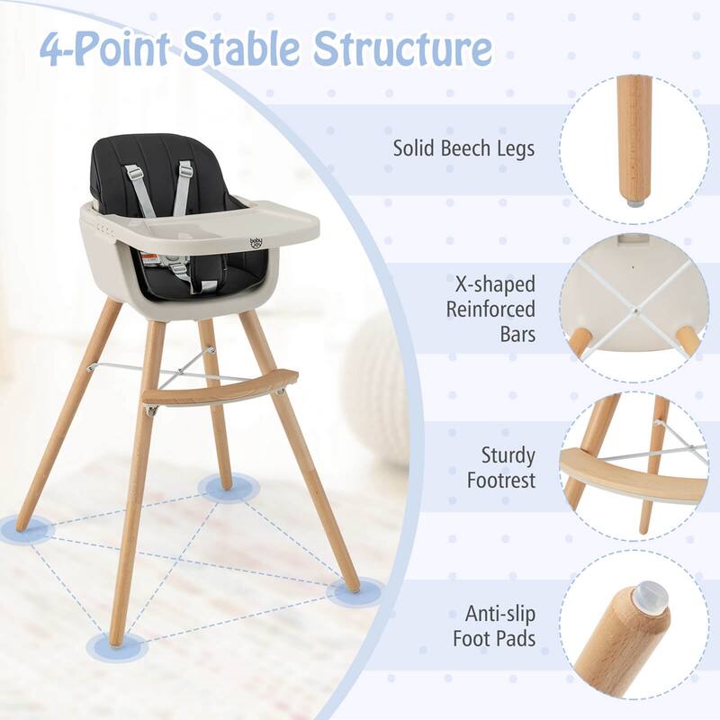 Babyjoy 3 in 1 Convertible Wooden High Chair Toddler Feeding Chair - 20.5" x 21.5" x 36"