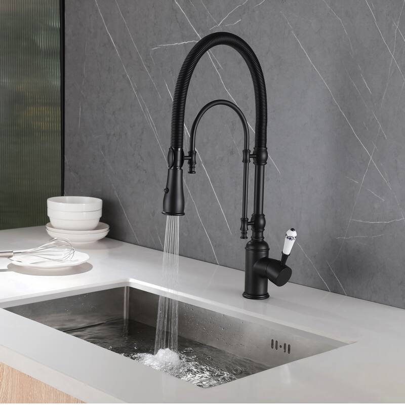 Modland Single Handle Pull-Down Kitchen Faucet with Dual Spray, 360 Swivel, Ceramic Cartridge, Brushed Gold/Matte Black