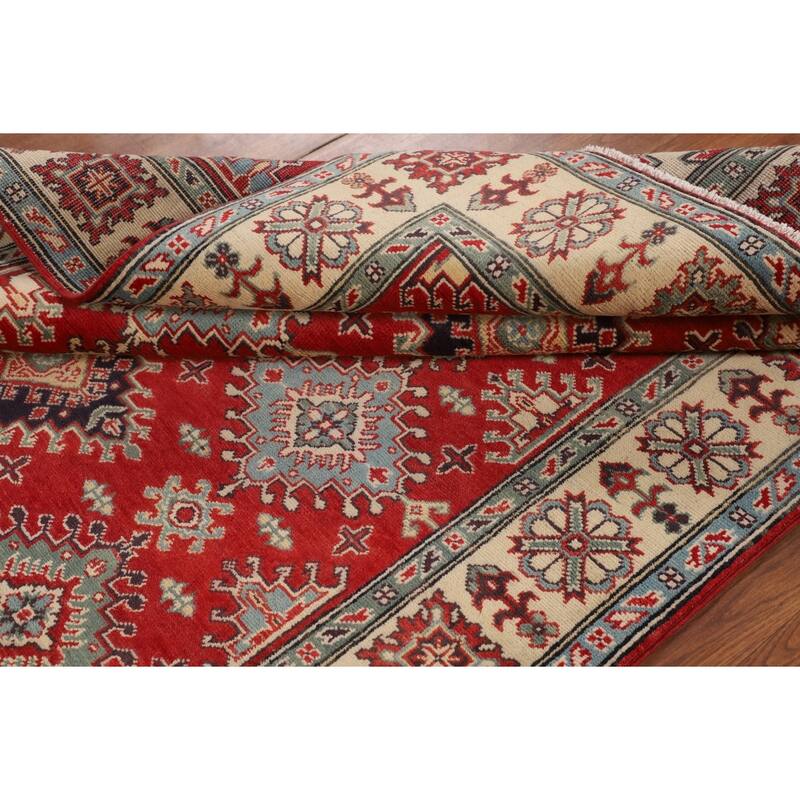 Geometric Red Kazak Rug Hand-Knotted Bedroom Wool Carpet - 4'10" x 6'9"