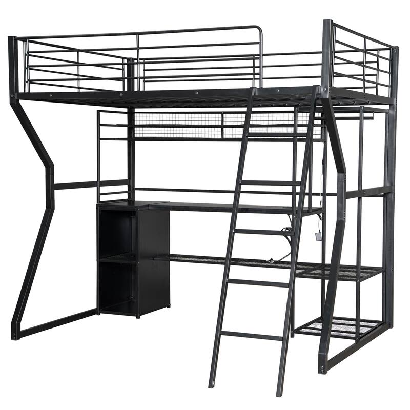 Full Size Metal Gaming Bed with Built-in Desk, Open Wardrobe and LED, Multiple Storage Loft Bed Frame with Ladder