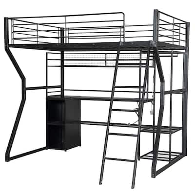 Full Size Metal Gaming Loft Bed With Built-In Work Station, Open Wardrobe, Led And Multiple Storage, Black
