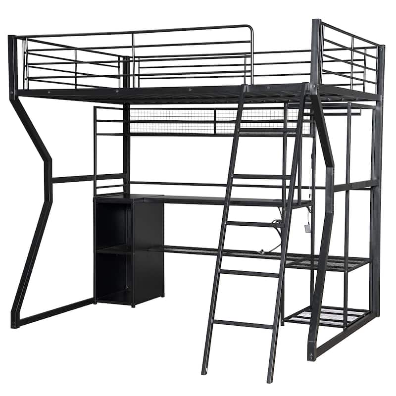 Full Size Metal Gaming Loft Bed with Built-in Work Station, Open Wardrobe, LED and Multiple Storage, Black