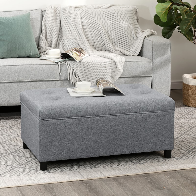 Adeco 35" Tufted Rectangular Storage Ottoman Bench - Light-Grey-Linen