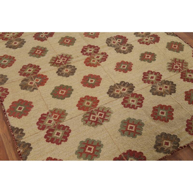 All-Over Geometric Kilim Reversible Area Rug Hand-Knotted Wool Carpet - 5'0"x 7'9"
