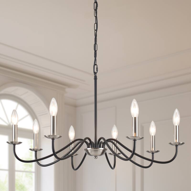 8-Light Farmhouse Candle Chandelier for Bedroom, Kitchen, Living Room and Foyer - Black+Sandnickel