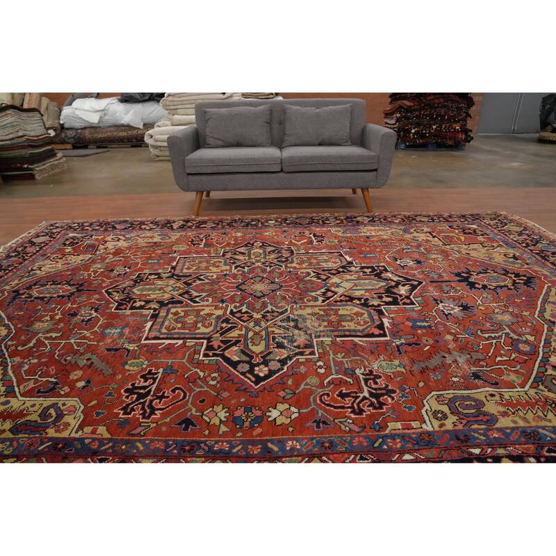 Hand Knotted Oriental 100% Wool Carpet Traditional Medallion Oranges & Rust Heriz (serapi) Area Rug - 11' 6'' X 8' 5''