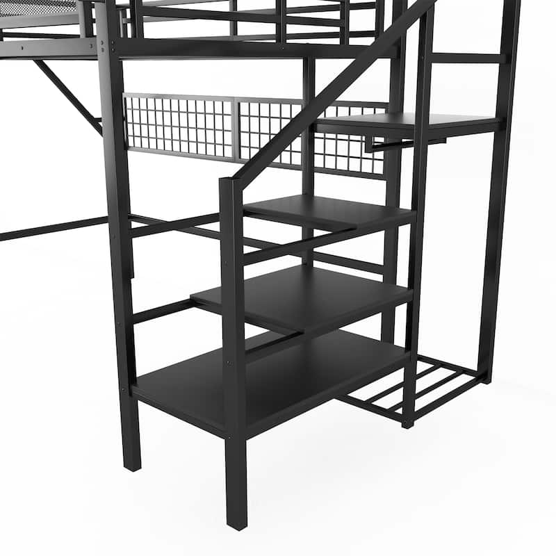 Black High Loft Bed with Wardrobe and Grid Storage for Kids Teens Adults Metal Loft Bed Frame with Light and Stairs