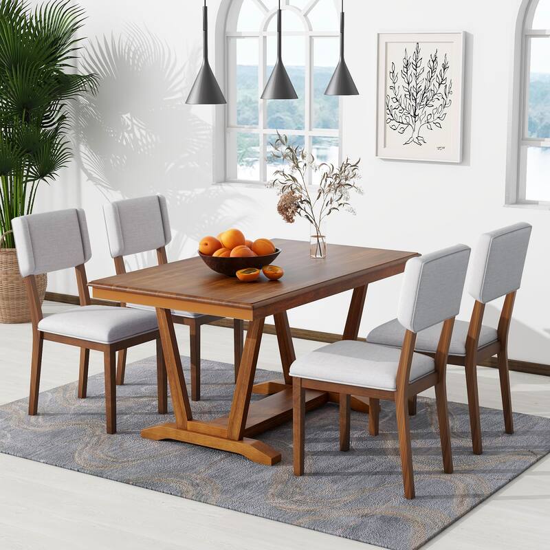 5 Pcs Wood Dining Set, Kitchen Table and Chair Set with Rectangular Table, Trestle Table Base and 4 Upholstered Chairs聽