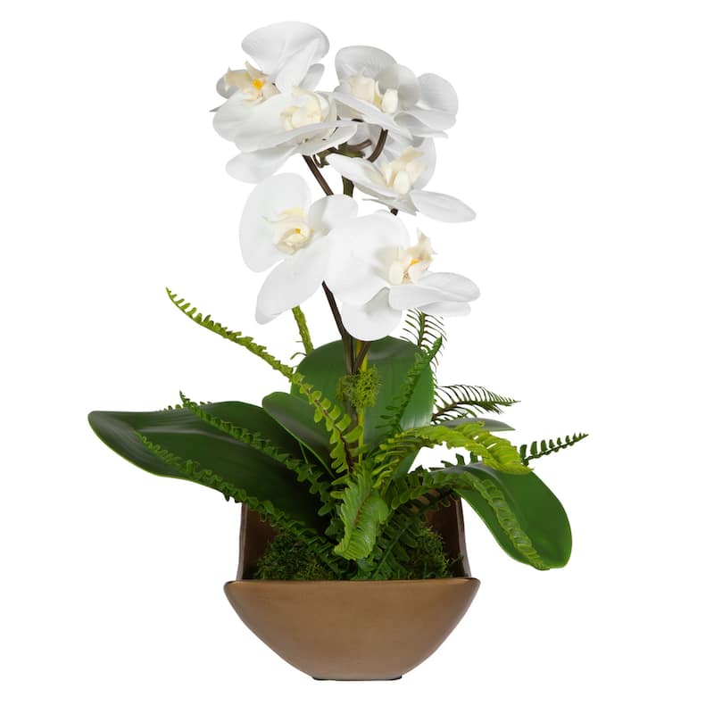 Orchid Floral Centerpiece - 18" - White and Antique Brass Finish
