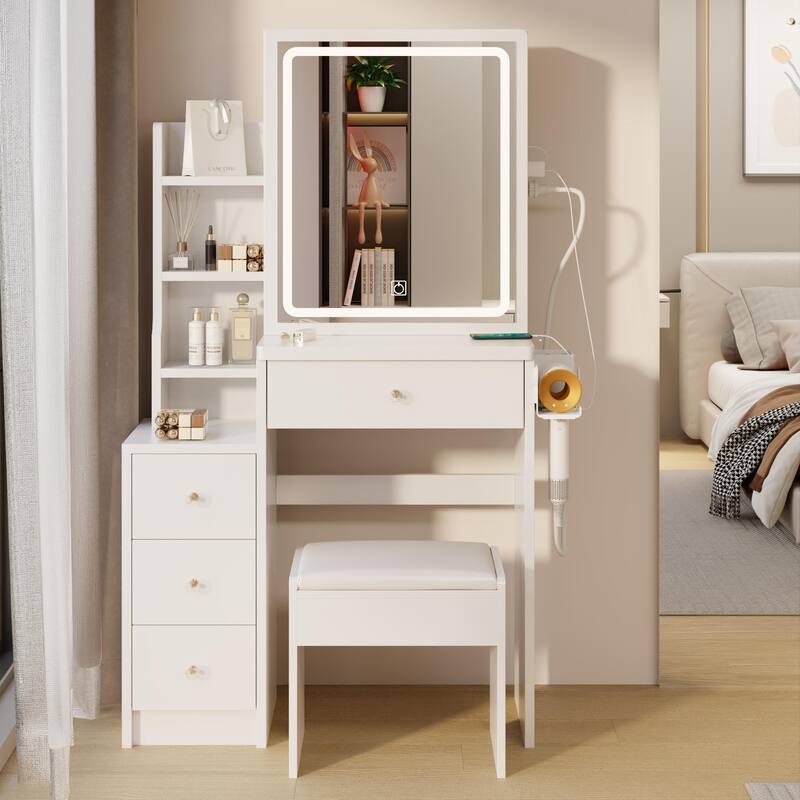 Left Cabinet Makeup Vanity with LED Mirror and USB Power Station and Cushioned Stool