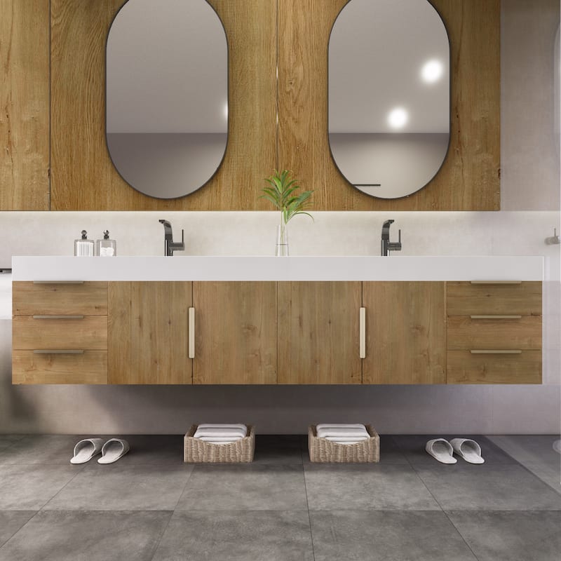 Noble 84" Wall Mounting Vanity with Reinforced Acrylic Double Sink - 84" Width - Wood Finish - Oak