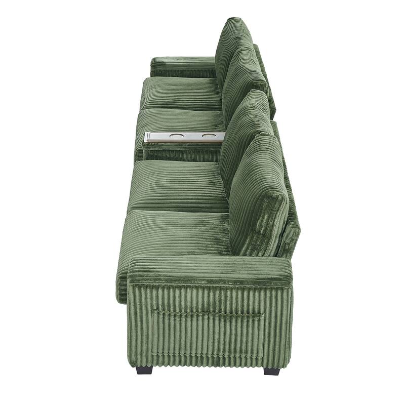Corduroy Straight Row Sofa 4-seater Sectional Couch Buil-in USB Ports, Flip-Top Cup Holders Storage and Hidden Storage Arms