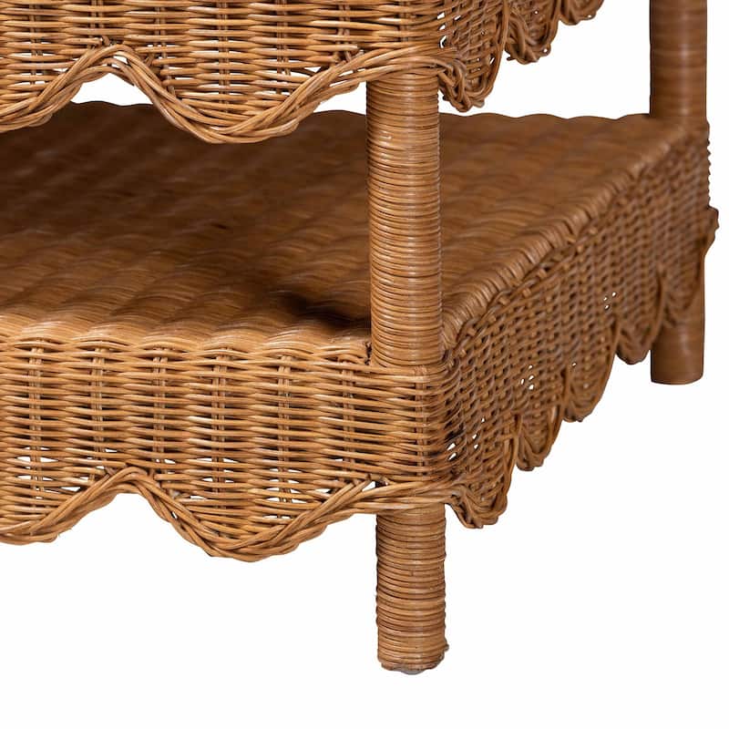 Oteria Natural Rattan Coffee Table - Handwoven Wicker Cocktail Table with Scalloped Detailing and Open Shelf, Coastal Boho Style