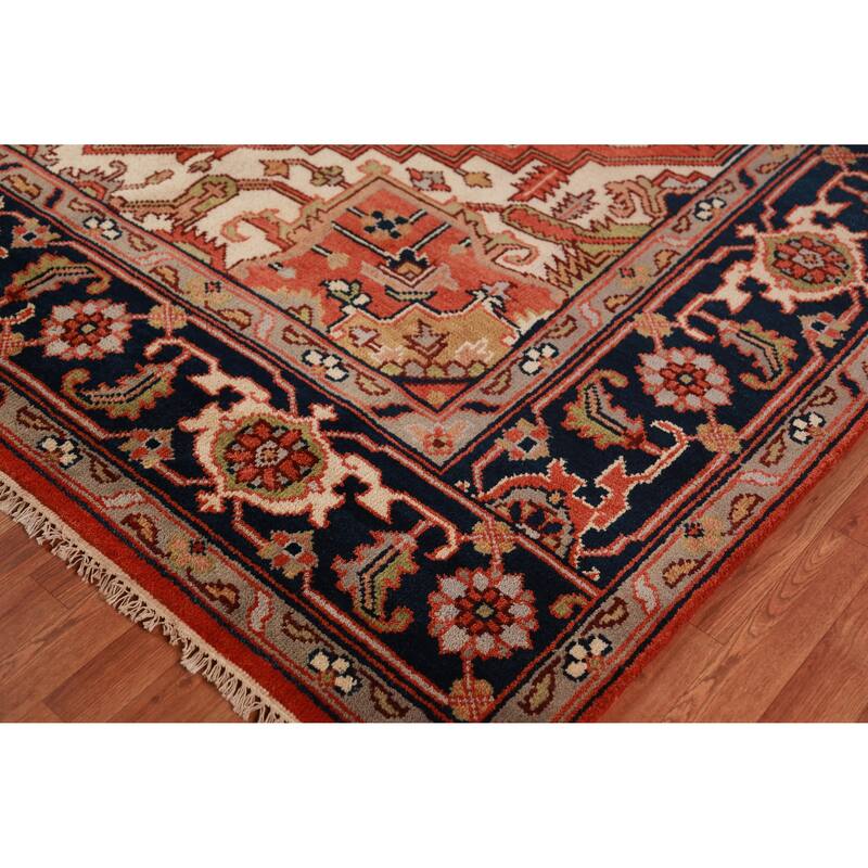 Orange Medallion Heriz Serapi Indian Area Rug Handmade Wool Carpet - 9'0"x 11'9"