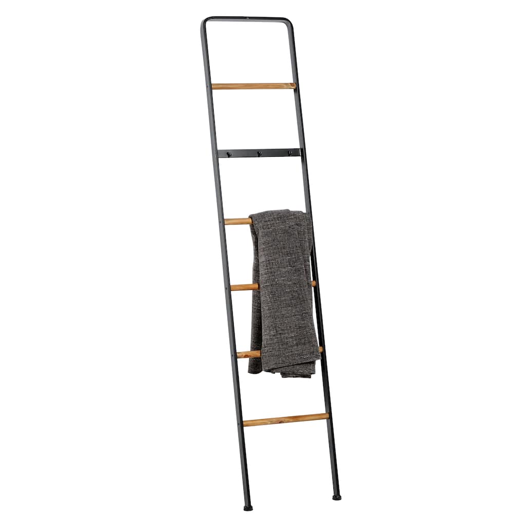 Metal Slim 3 Hook Ladder with 5 Brown Wood Rungs - Black - Roche River Decor - 1"W x 15"L x 72"H