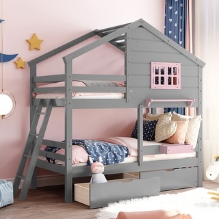 Twin over Twin Bunk Bed with 2 Drawers and Shelf, Window & Roof