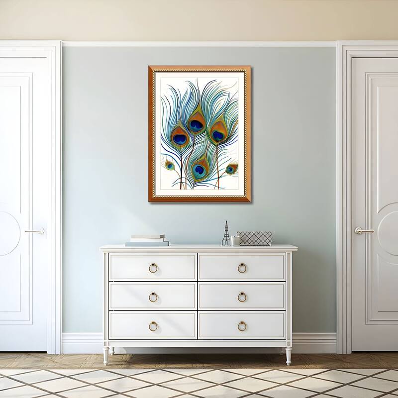 Set of 2 Peacock Feather Framed Wall Art - Replaceable Canvas Prints with Solid Wood Picture Frames, Elegant Botanical