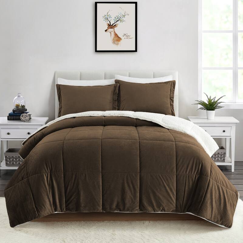 Dual-Side Fluffy Soft Comforter Set, Winter Plush Fuzzy Bedding Set - Sherpa Brown - King