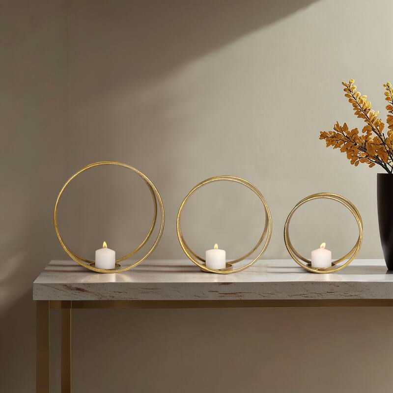 Sagebrook Home Modern Round Metal Double Ring Candle Holder, Set of Three - 16" x 8" x 16" - 16" x 8" x 16" - Gold