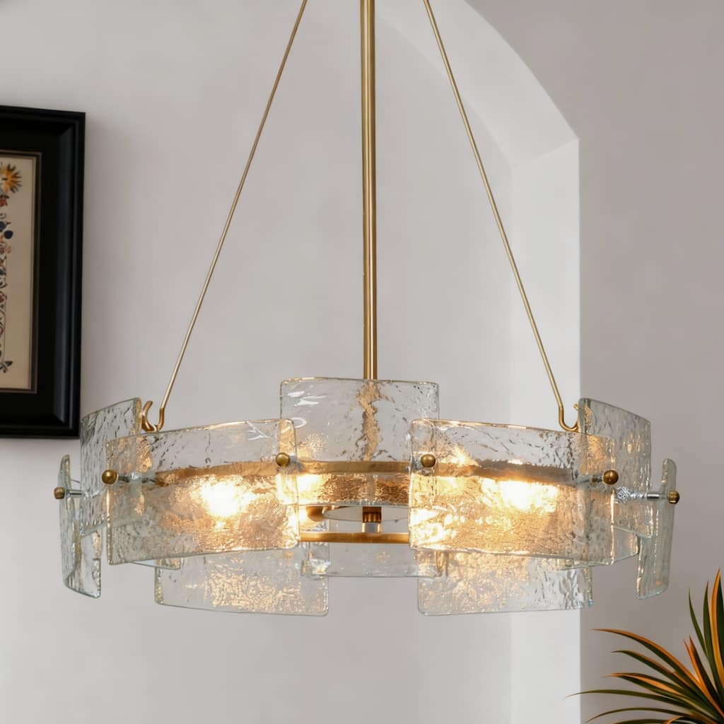 Modern 6-Light Gold Drum Chandelier Textured Glass Pendant Lights for Dining Room - 20.5"D x 24"H