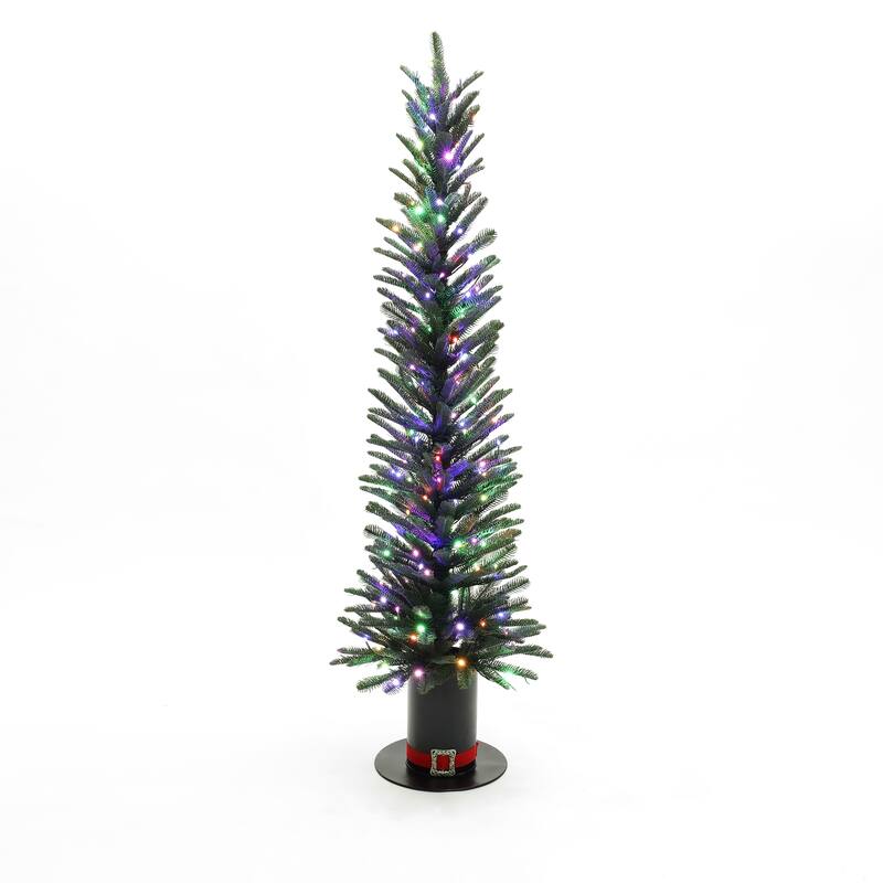 5.5Ft Pre-Lit Green Artificial PE Tree 10 Lighting Modes Christmas Tree with Tophat Pot - 66" H x 19.7" Diameter