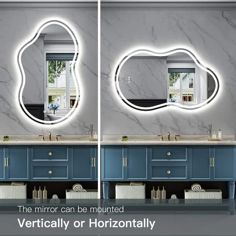 Irregular Front & Back LED Lighted Anti-fog Tempered Glass Wall Bathroom Vanity Mirror, ETL Certified, 3-Year Warranty