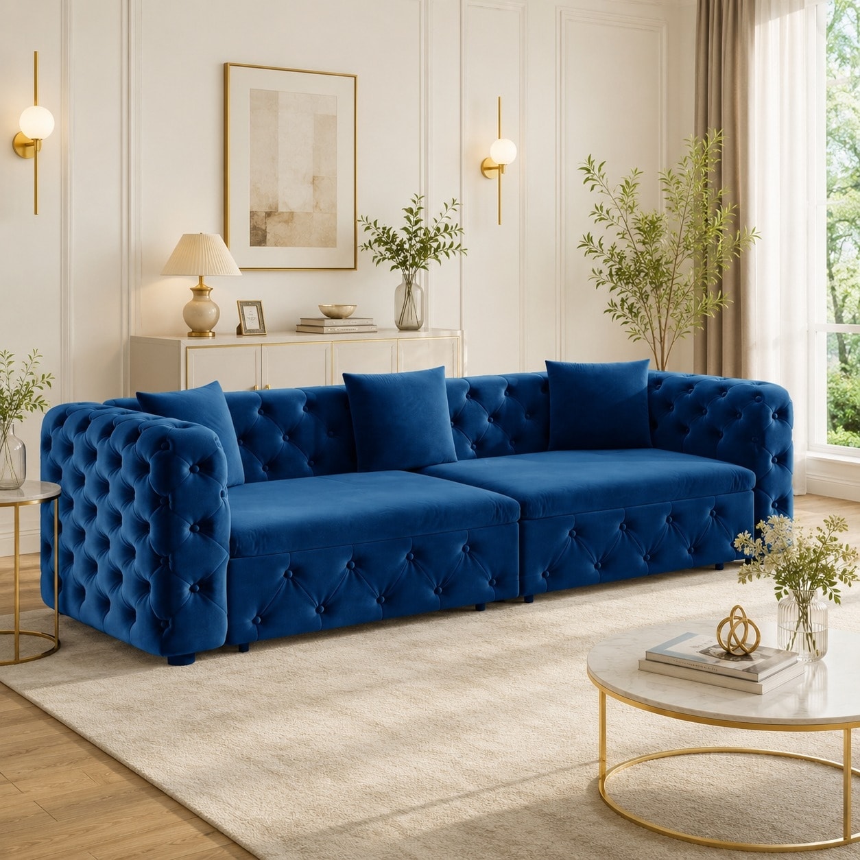 89" Extra Large 3-in-1 Pull-Out Sofa Bed, Velvet 4-Seater Chesterfield Sleeper Sofa with 3 Pillows