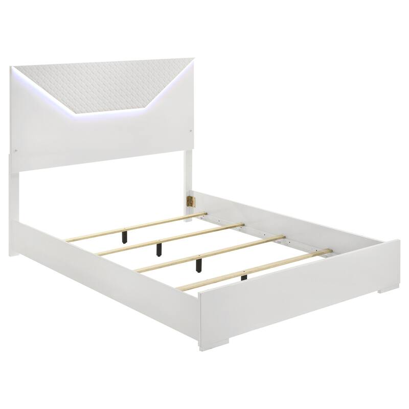 White High Gloss Queen Panel Bed with LED Headboard and Diamond Texture
