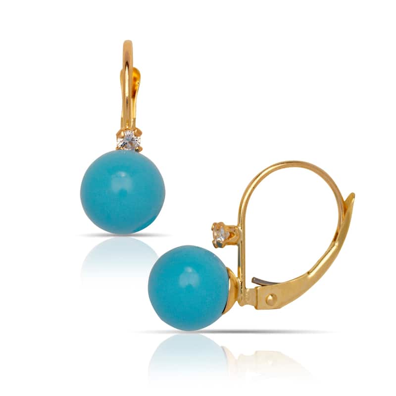 Curata 14K Yellow Created 7mm Gemstone Cubic Zirconia Stationary Leverback Earrings - Blue - Blue
