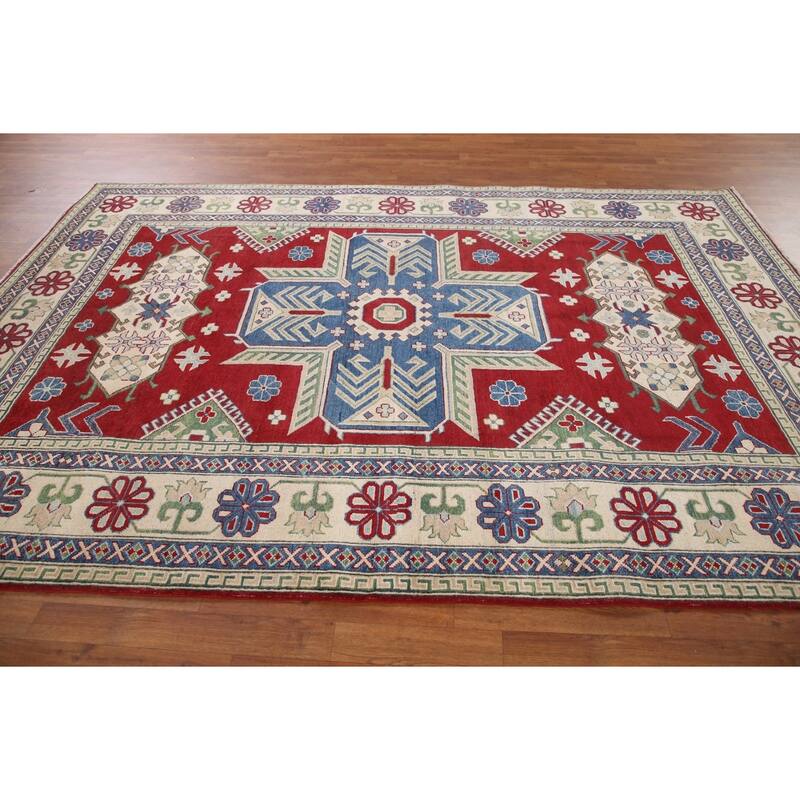 Hand Knotted Oriental 100% Wool Carpet Traditional Geometric Red Kazak Area Rug - 9' 10'' X 6' 9''
