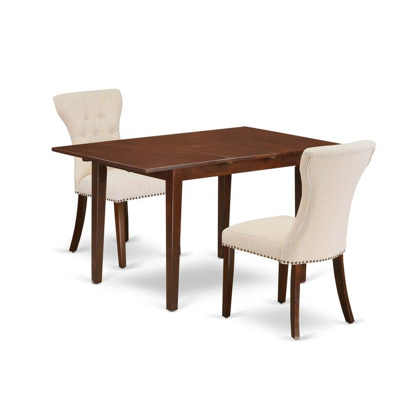 East West Furniture 3 Piece Kitchen Table Set- a Dining Room Table and 2 Light Beige Linen Fabric Parson Chairs, Mahogany