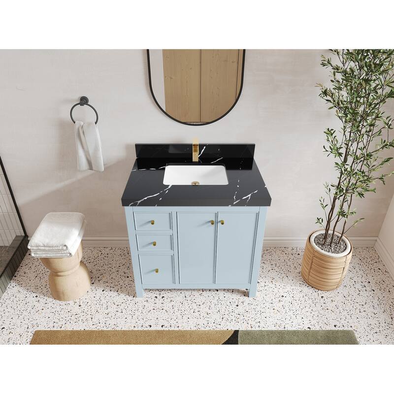 Willow Collections 36 in. W x 22 in. D Chicago Center Sink Right Bathroom Vanity with Countertop - 2"Calacatta Black - Blue Heather