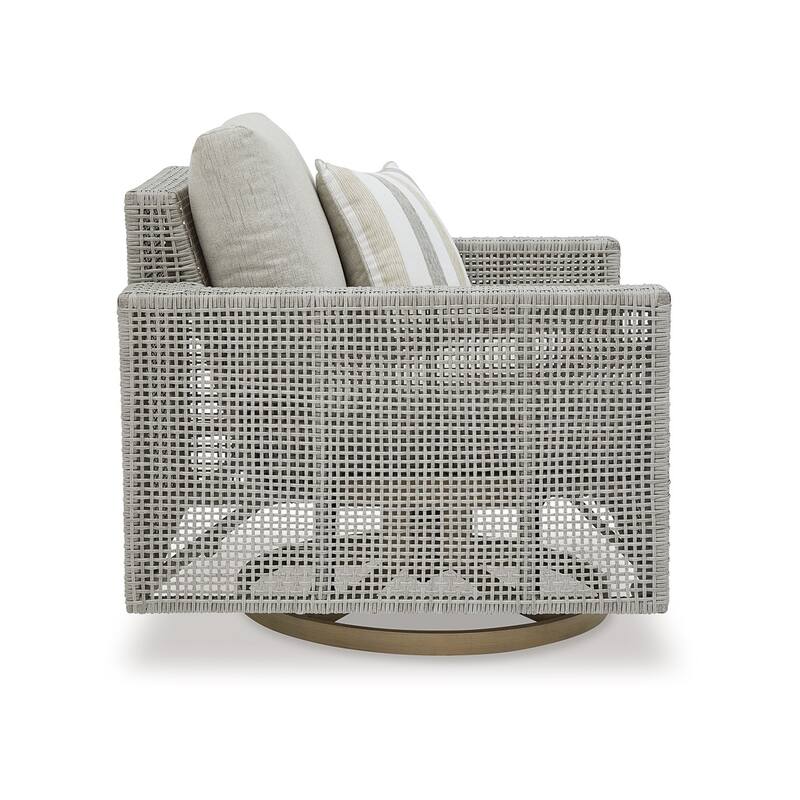 Yami 36 Inch Outdoor Swivel Lounge Chair, 1 Throw Pillow, Gray Wicker