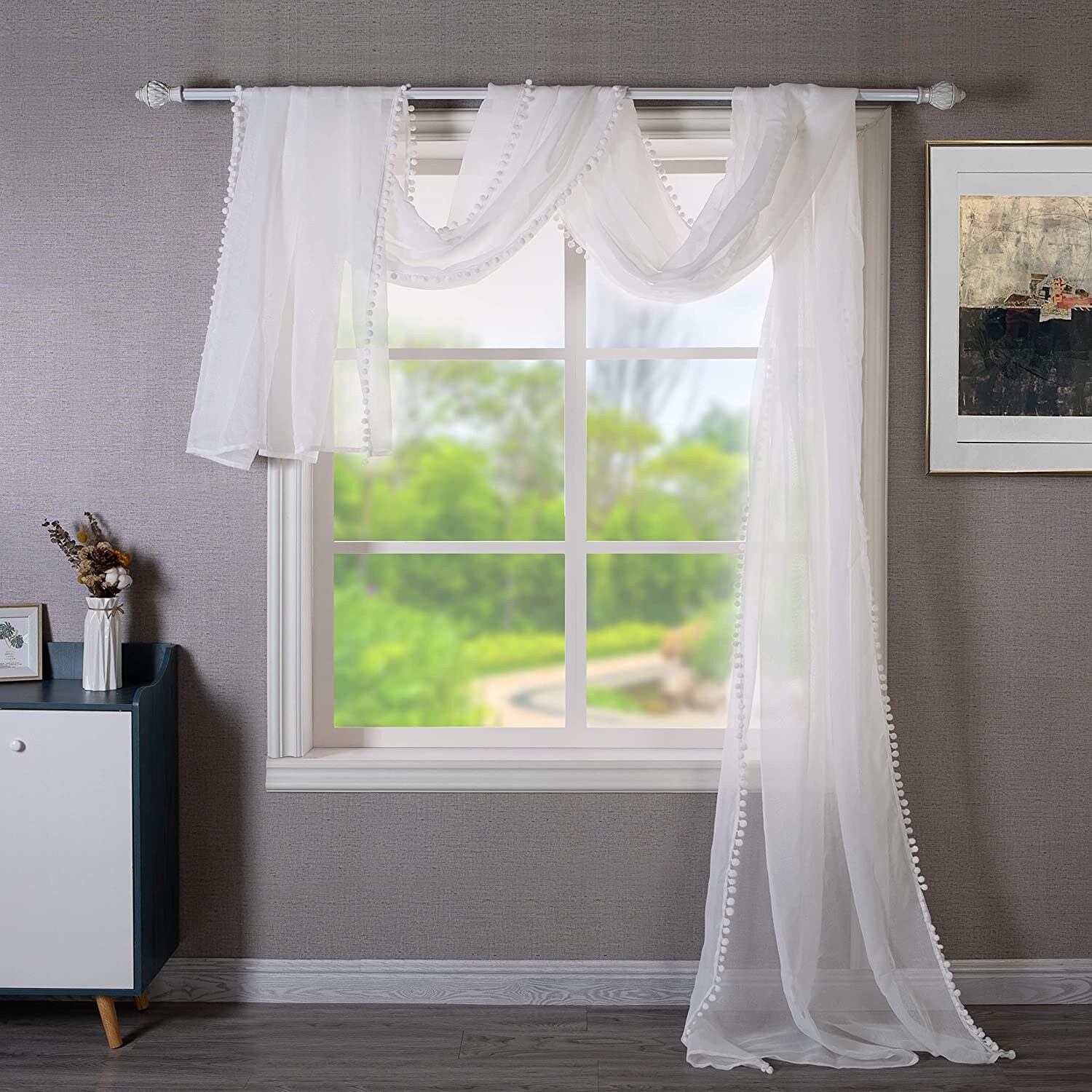 DriftAway Solid White Sheer Window Scarf Valance Long Luxury Sheer
