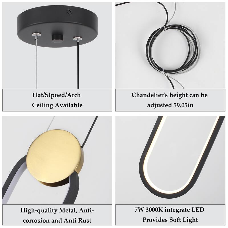 7-Watt 1-Light Black Elliptical Shade Integrated LED Pendant Light, Classic Semi Flush Mount Chandelier for Dining Room