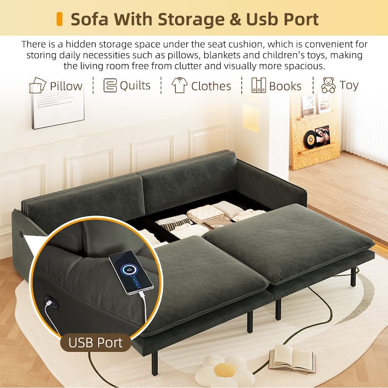 Convertible Sleeper Sofa Bed with Storage and USB Port Modern Chenille Fabric for Versatile Living Spaces