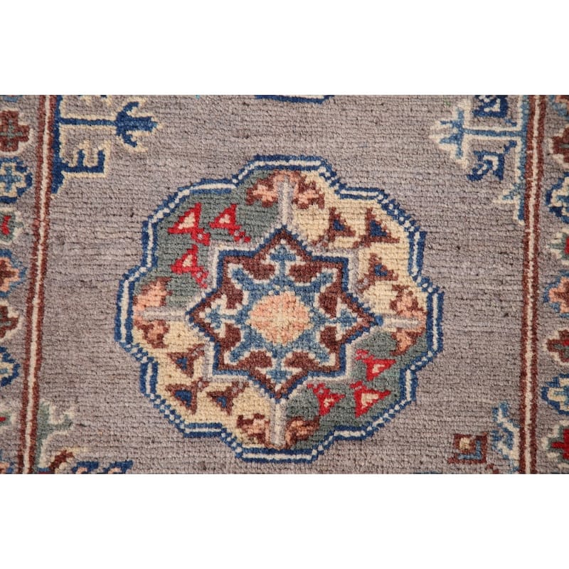 Geometric Kazak Oriental Accent Rug Hand-Knotted Grey Wool Carpet - 2'7"x 4'1"