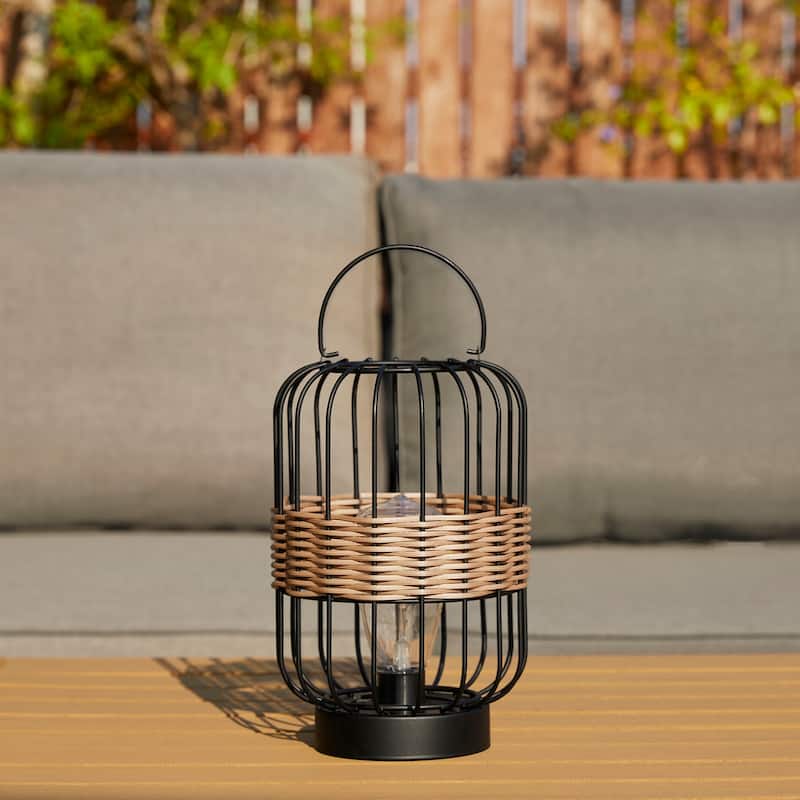 Glitzhome 11.75"H Metal & Faux Rattan Solar Powered Outdoor Lantern with Edison Bulb