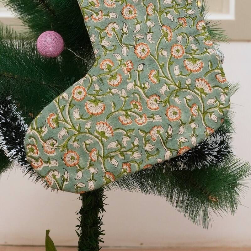 Fabdivine Linen or Cotton Hand Block Home Decorative Christmas Stockings - 16"X6.5" - Himachal- Green, Brown - Christmas Stockings