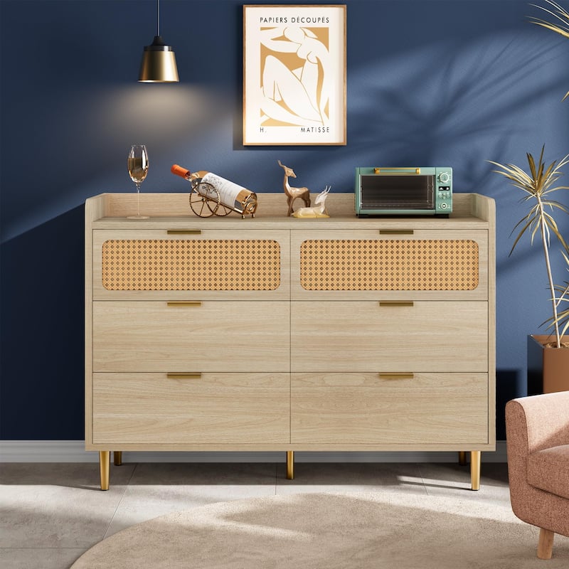 6 Drawer Double Dresser for Bedroom, Modern Chest of Drawers with Rattan Accents & Metal Legs